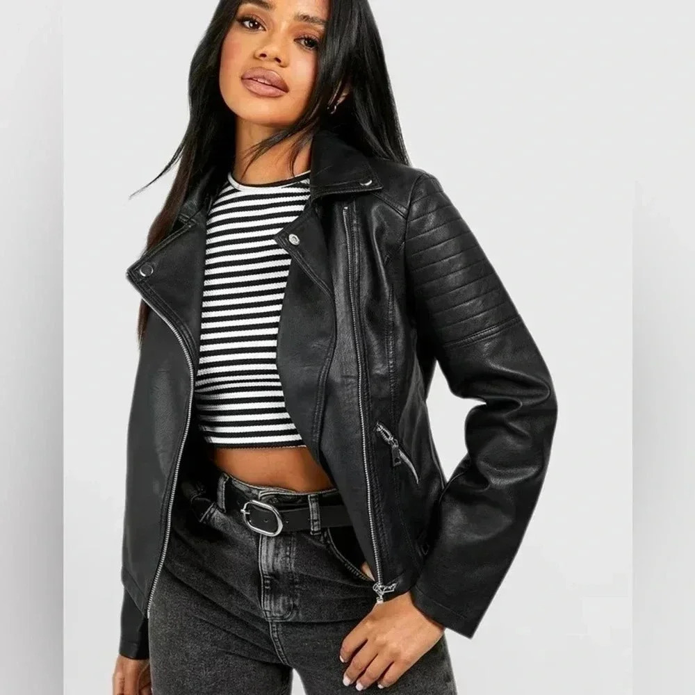Boohoo Black Faux Leather Moto Jacket Size S